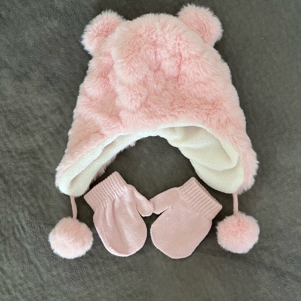 Cozy Pink Furry Hat and Mittens Set for Kids